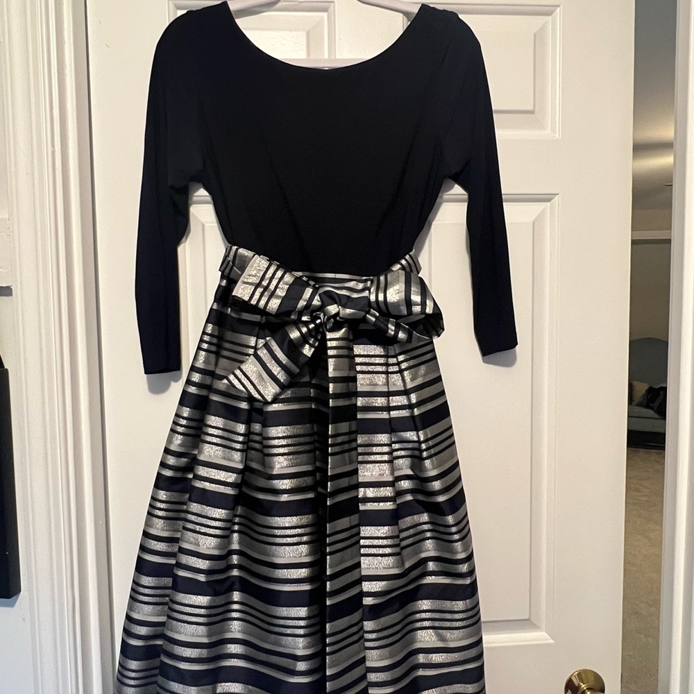 Elegant Navy and Silver Striped Dress